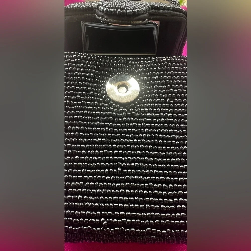 BEADED black cosmetic rectangle cosmetic/ evening mini bag with built in mirror